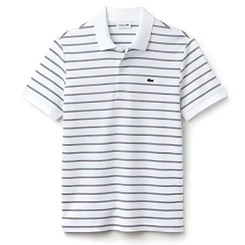 NWOT Lacoste Regular Fit Black Striped Summer Short Sleeve White Polo Shirt
